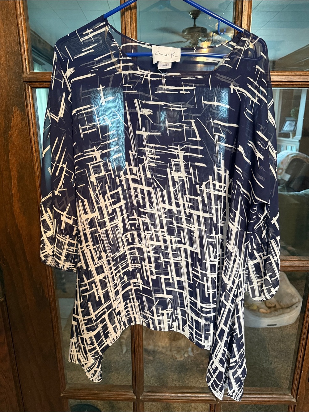 Compli K Navy White Abstract Grid Sheer Tunic Top Bell Sleeve Handkerchief Hem M